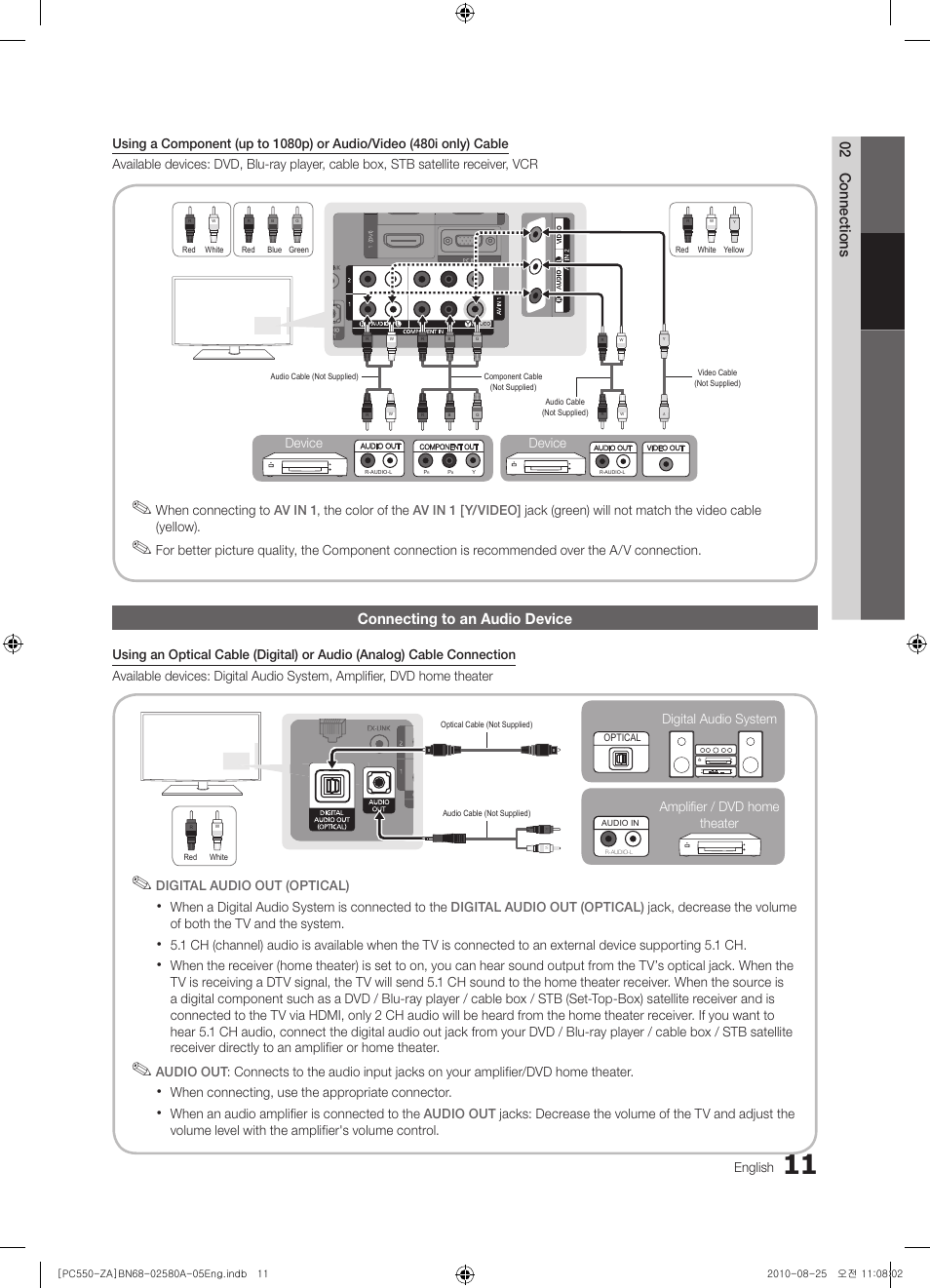 Connecting to an audio device, 02 connections | Samsung PN50C540G3FXZA User Manual | Page 11 / 56