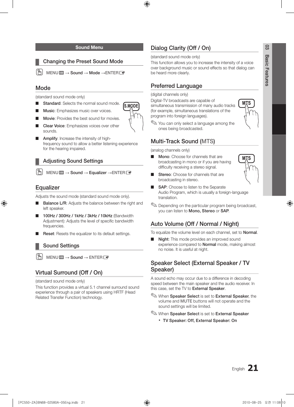 Sound menu, Mode, Equalizer | Virtual surround (off / on), Dialog clarity (off / on), Preferred language, Multi-track sound ( mts ), Auto volume (off / normal / night), Speaker select (external speaker / tv speaker) | Samsung PN50C540G3FXZA User Manual | Page 21 / 56