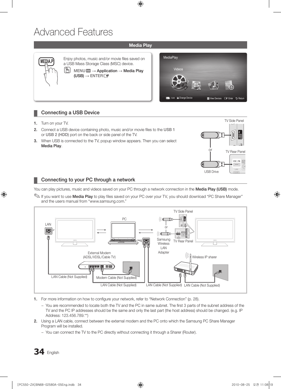 Media play, Advanced features | Samsung PN50C540G3FXZA User Manual | Page 34 / 56