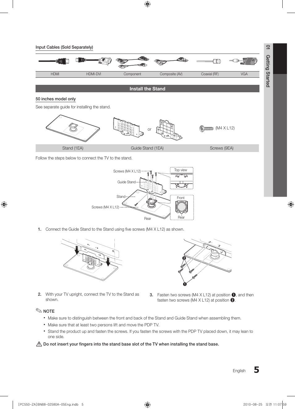 Install the stand | Samsung PN50C540G3FXZA User Manual | Page 5 / 56