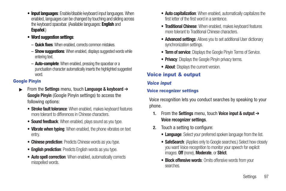 Google pinyin, Voice input & output, Voice input | Voice recognizer settings | Samsung SCH-R720ZRACRI User Manual | Page 101 / 136