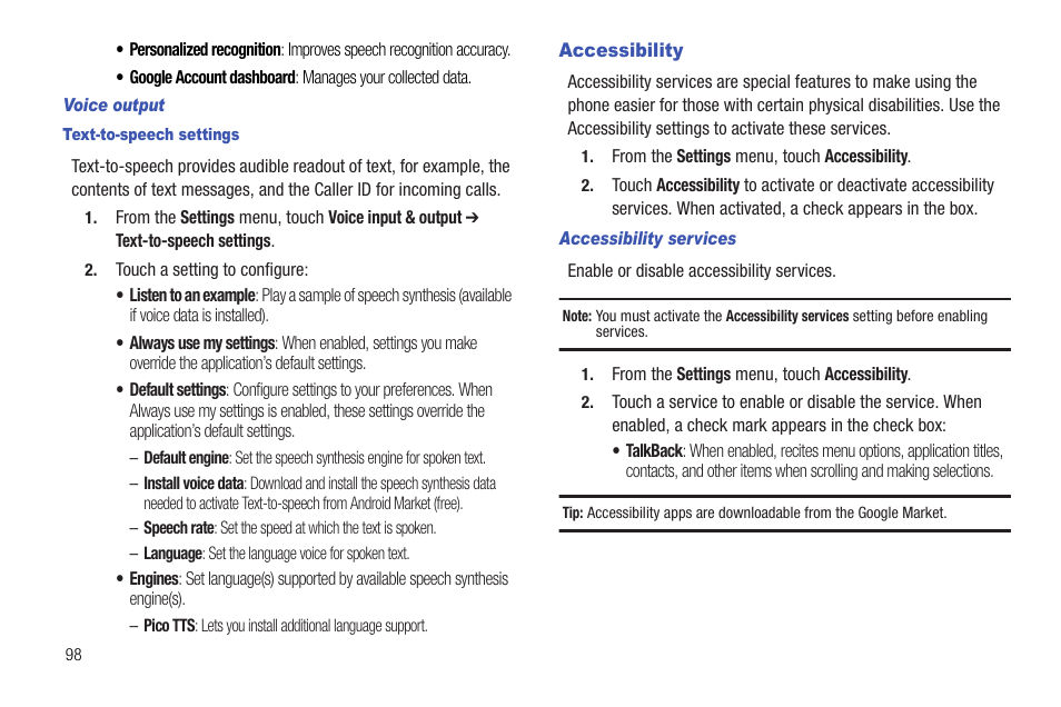 Voice output, Text-to-speech settings, Accessibility | Accessibility services | Samsung SCH-R720ZRACRI User Manual | Page 102 / 136