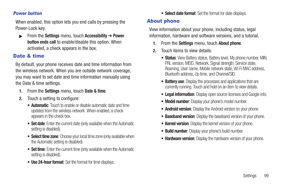 Power button, Date & time, About phone | Date & time about phone | Samsung SCH-R720ZRACRI User Manual | Page 103 / 136