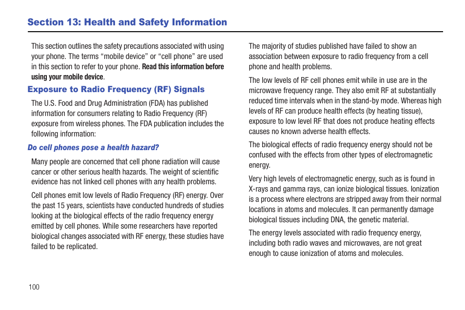 Section 13: health and safety information, Exposure to radio frequency (rf) signals, Do cell phones pose a health hazard | Samsung SCH-R720ZRACRI User Manual | Page 104 / 136