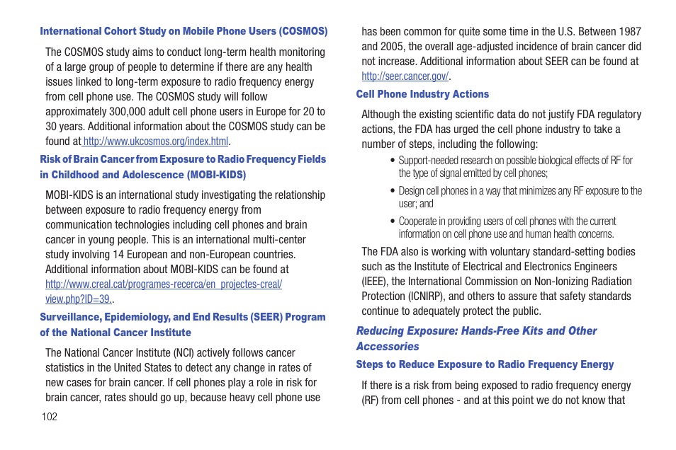 Cell phone industry actions, Steps to reduce exposure to radio frequency energy | Samsung SCH-R720ZRACRI User Manual | Page 106 / 136