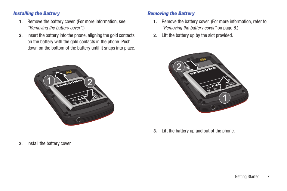 Installing the battery, Removing the battery | Samsung SCH-R720ZRACRI User Manual | Page 11 / 136