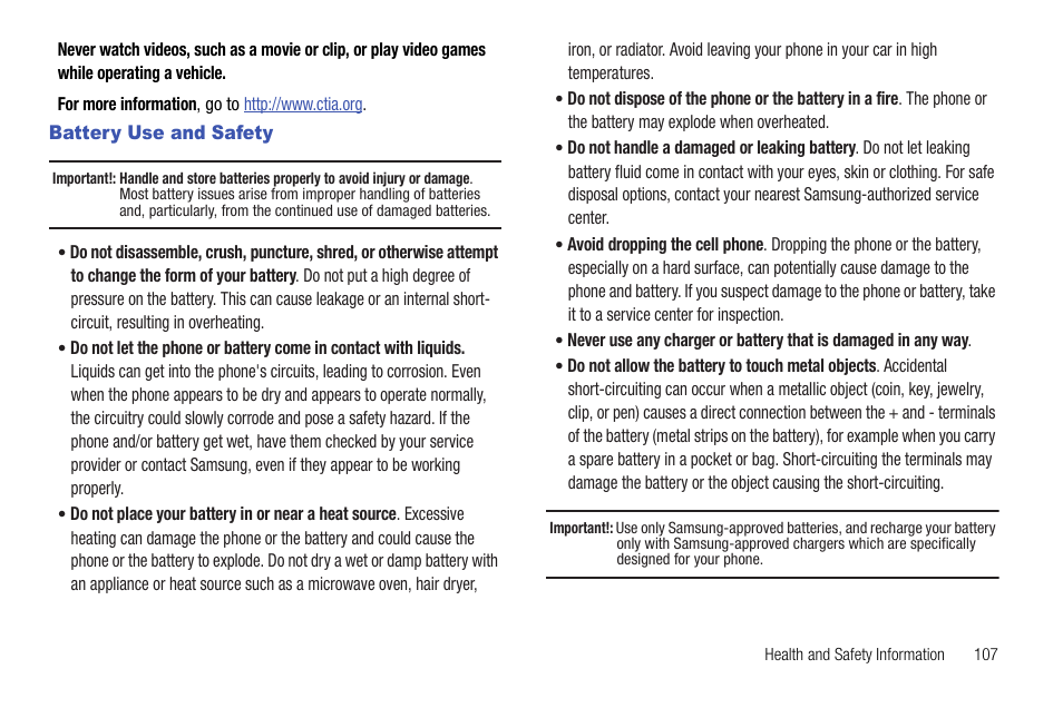 Battery use and safety | Samsung SCH-R720ZRACRI User Manual | Page 111 / 136