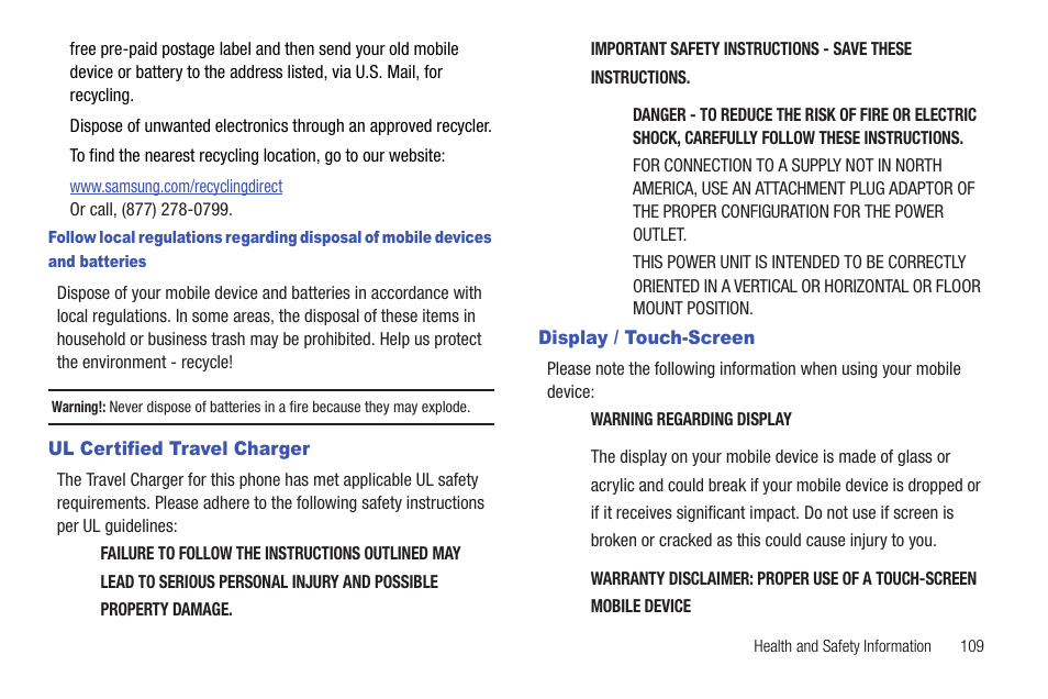 Ul certified travel charger, Display / touch-screen, Ul certified travel charger display / touch-screen | Samsung SCH-R720ZRACRI User Manual | Page 113 / 136