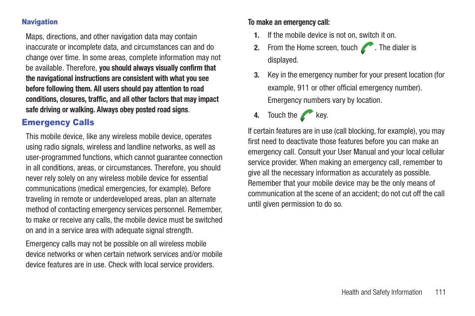 Navigation, Emergency calls | Samsung SCH-R720ZRACRI User Manual | Page 115 / 136