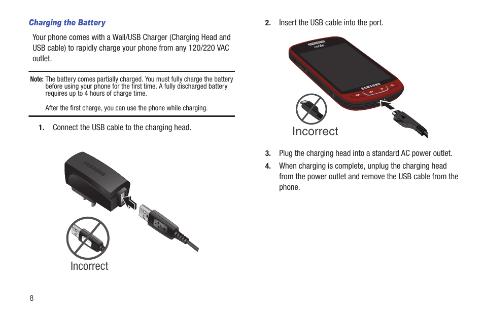 Charging the battery, Incorrect | Samsung SCH-R720ZRACRI User Manual | Page 12 / 136