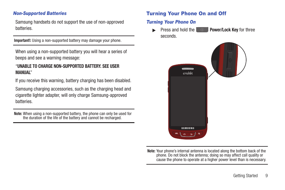 Non-supported batteries, Turning your phone on and off, Turning your phone on | Samsung SCH-R720ZRACRI User Manual | Page 13 / 136