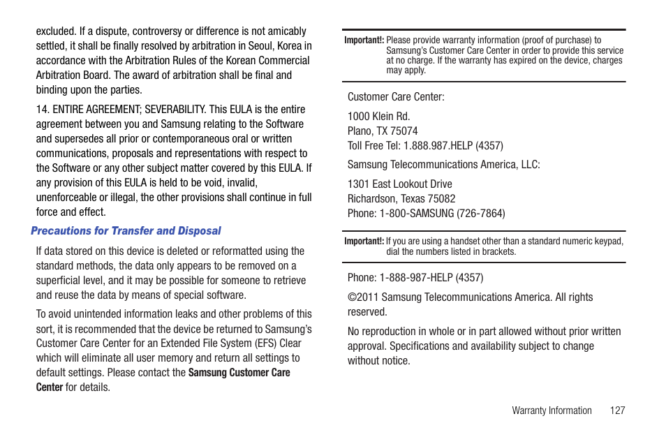 Precautions for transfer and disposal | Samsung SCH-R720ZRACRI User Manual | Page 131 / 136