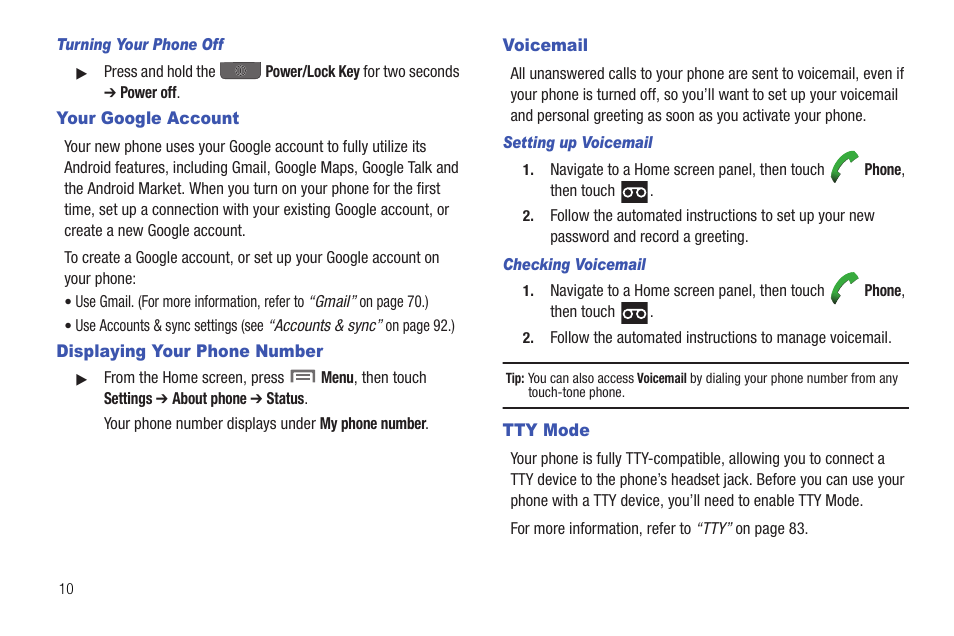 Turning your phone off, Your google account, Displaying your phone number | Voicemail, Setting up voicemail, Checking voicemail, Tty mode | Samsung SCH-R720ZRACRI User Manual | Page 14 / 136