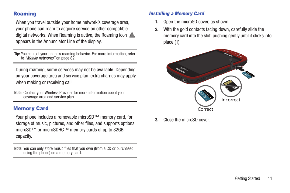 Roaming, Memory card, Installing a memory card | Roaming memory card | Samsung SCH-R720ZRACRI User Manual | Page 15 / 136