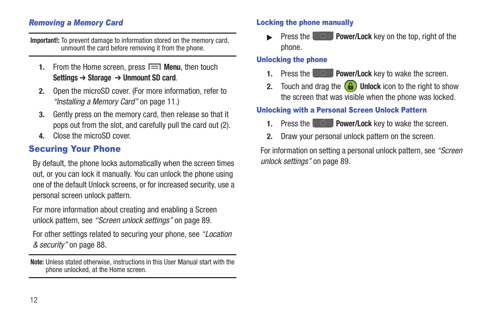 Removing a memory card, Securing your phone, Locking the phone manually | Unlocking the phone, Unlocking with a personal screen unlock pattern | Samsung SCH-R720ZRACRI User Manual | Page 16 / 136
