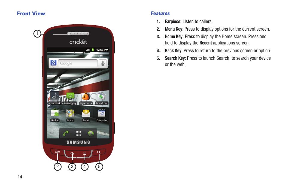 Front view, Features | Samsung SCH-R720ZRACRI User Manual | Page 18 / 136