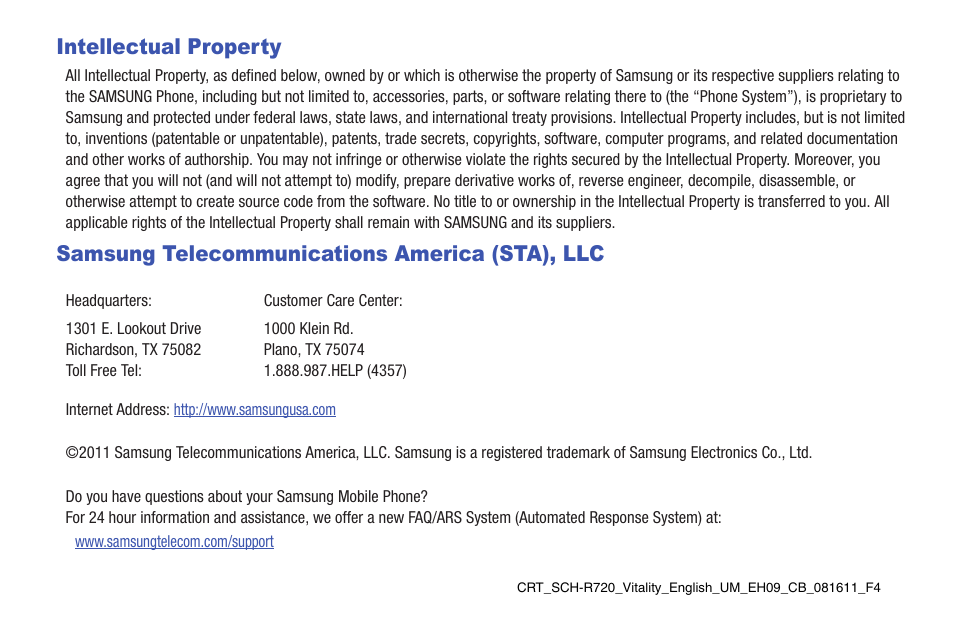 Intellectual property, Samsung telecommunications america (sta), llc | Samsung SCH-R720ZRACRI User Manual | Page 2 / 136