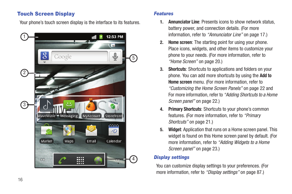 Touch screen display, Features, Display settings | Samsung SCH-R720ZRACRI User Manual | Page 20 / 136