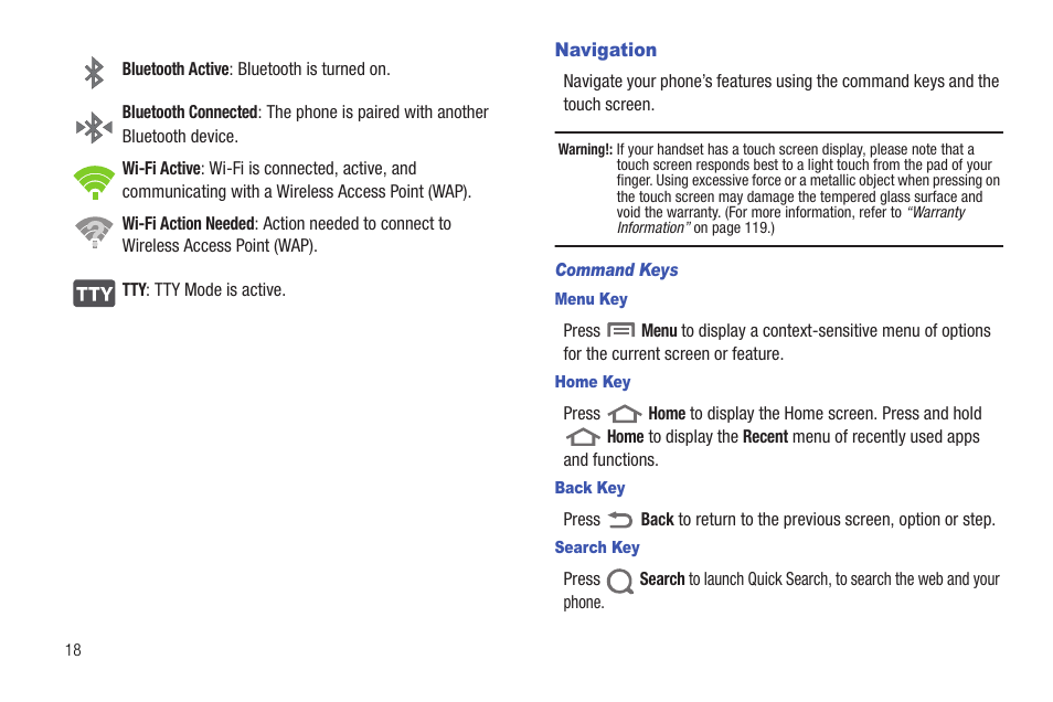 Navigation, Command keys, Menu key | Home key, Back key, Search key | Samsung SCH-R720ZRACRI User Manual | Page 22 / 136