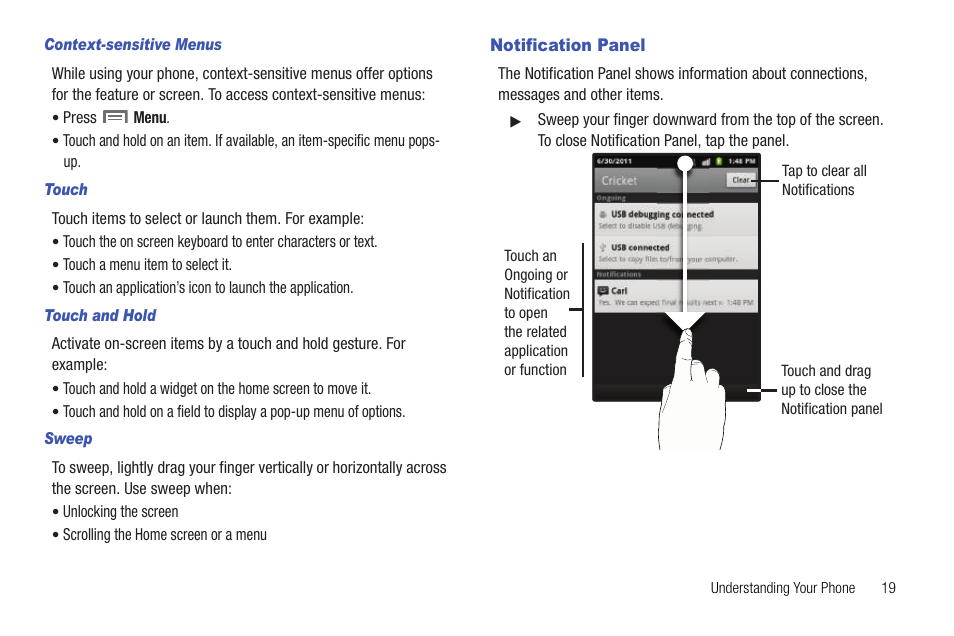 Context-sensitive menus, Touch, Touch and hold | Sweep, Notification panel | Samsung SCH-R720ZRACRI User Manual | Page 23 / 136