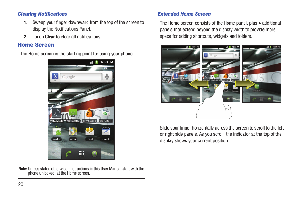 Clearing notifications, Home screen, Extended home screen | Samsung SCH-R720ZRACRI User Manual | Page 24 / 136