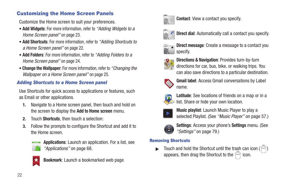 Customizing the home screen panels, Adding shortcuts to a home screen panel, Removing shortcuts | Samsung SCH-R720ZRACRI User Manual | Page 26 / 136