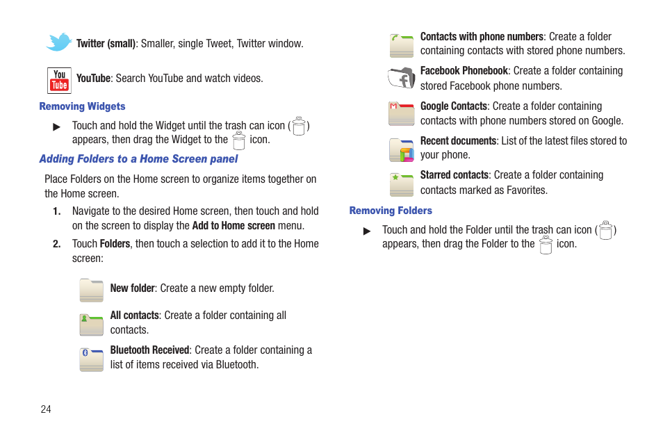 Removing widgets, Adding folders to a home screen panel, Removing folders | Samsung SCH-R720ZRACRI User Manual | Page 28 / 136