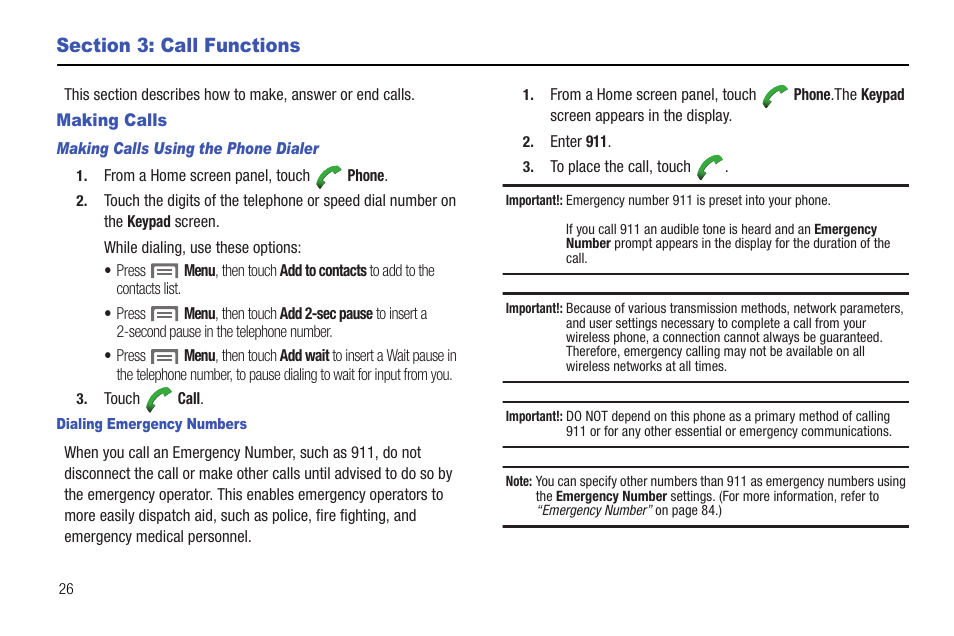 Section 3: call functions, Making calls, Making calls using the phone dialer | Dialing emergency numbers | Samsung SCH-R720ZRACRI User Manual | Page 30 / 136