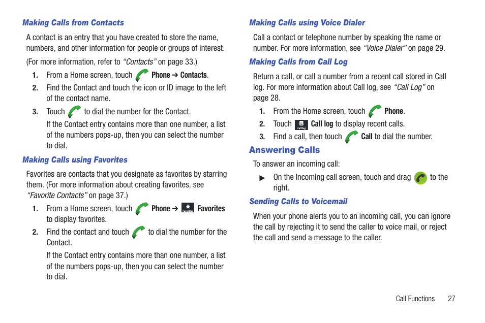 Making calls from contacts, Making calls using favorites, Making calls using voice dialer | Making calls from call log, Answering calls, Sending calls to voicemail | Samsung SCH-R720ZRACRI User Manual | Page 31 / 136