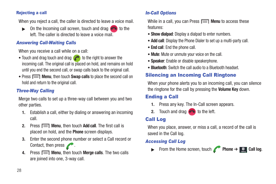 Rejecting a call, Answering call-waiting calls, Three-way calling | In-call options, Silencing an incoming call ringtone, Ending a call, Call log, Accessing call log | Samsung SCH-R720ZRACRI User Manual | Page 32 / 136