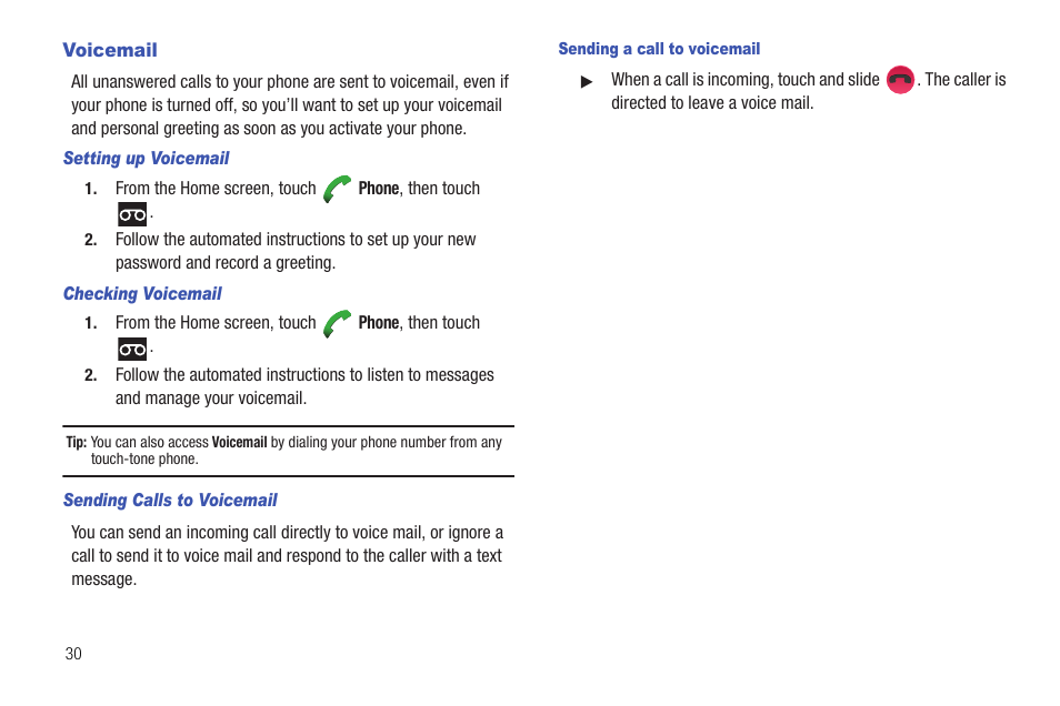 Voicemail, Setting up voicemail, Checking voicemail | Sending calls to voicemail, Sending a call to voicemail | Samsung SCH-R720ZRACRI User Manual | Page 34 / 136