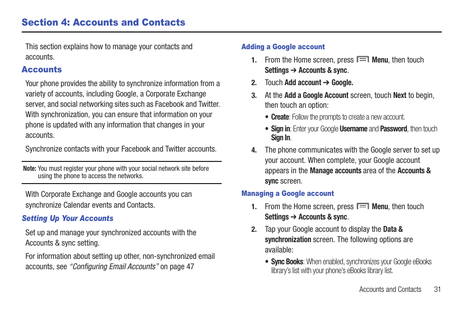 Section 4: accounts and contacts, Accounts, Setting up your accounts | Adding a google account, Managing a google account | Samsung SCH-R720ZRACRI User Manual | Page 35 / 136