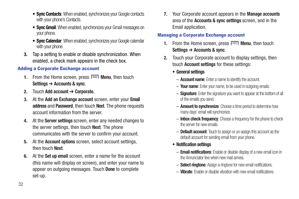 Adding a corporate exchange account, Managing a corporate exchange account | Samsung SCH-R720ZRACRI User Manual | Page 36 / 136