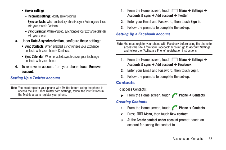 Setting up a twitter account, Setting up a facebook account, Contacts | Creating contacts | Samsung SCH-R720ZRACRI User Manual | Page 37 / 136