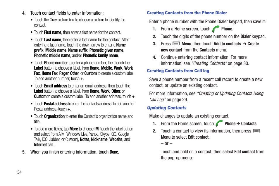 Creating contacts from the phone dialer, Creating contacts from call log, Updating contacts | Samsung SCH-R720ZRACRI User Manual | Page 38 / 136