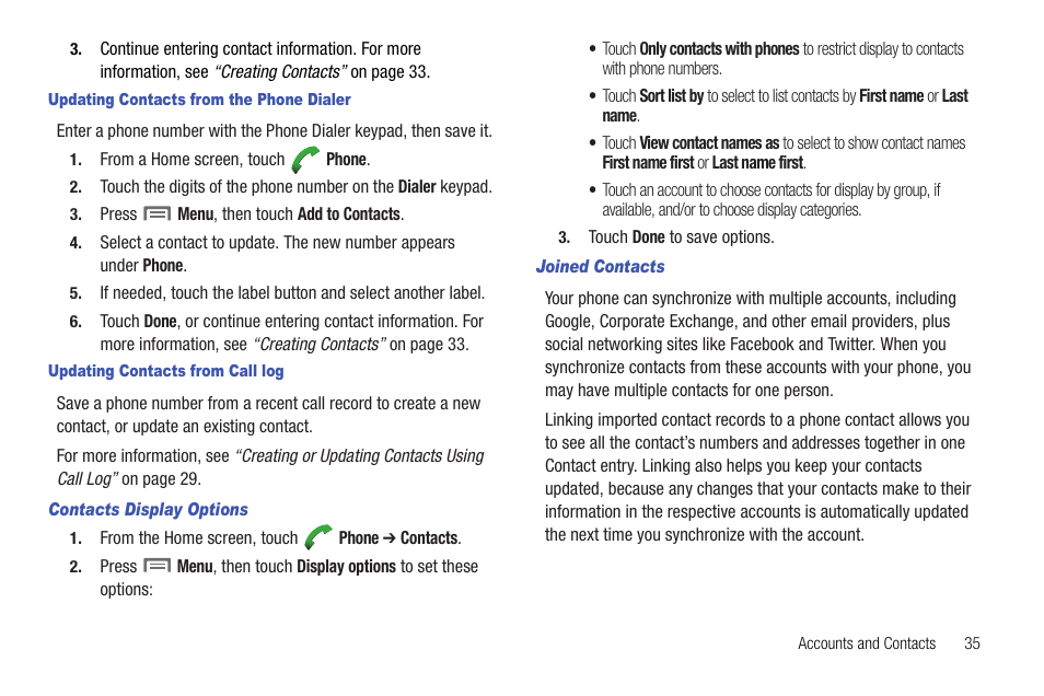 Updating contacts from the phone dialer, Updating contacts from call log, Contacts display options | Joined contacts | Samsung SCH-R720ZRACRI User Manual | Page 39 / 136