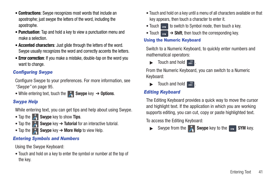 Configuring swype, Swype help, Entering symbols and numbers | Using the numeric keyboard, Editing keyboard | Samsung SCH-R720ZRACRI User Manual | Page 45 / 136