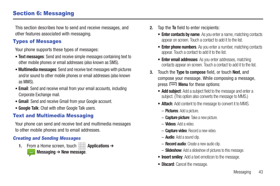 Section 6: messaging, Types of messages, Text and multimedia messaging | Creating and sending messages, Types of messages text and multimedia messaging | Samsung SCH-R720ZRACRI User Manual | Page 47 / 136