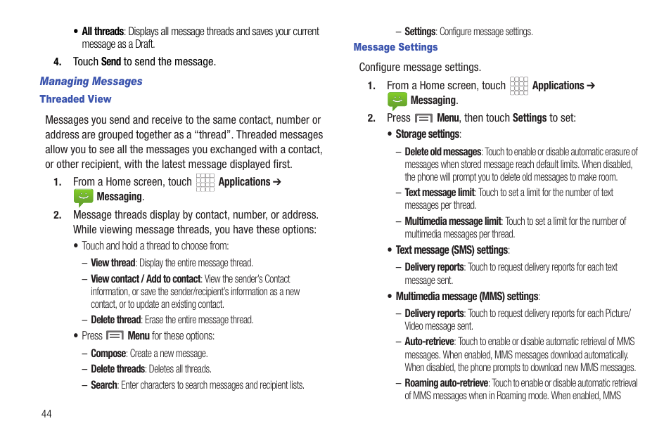 Managing messages, Threaded view, Message settings | Samsung SCH-R720ZRACRI User Manual | Page 48 / 136