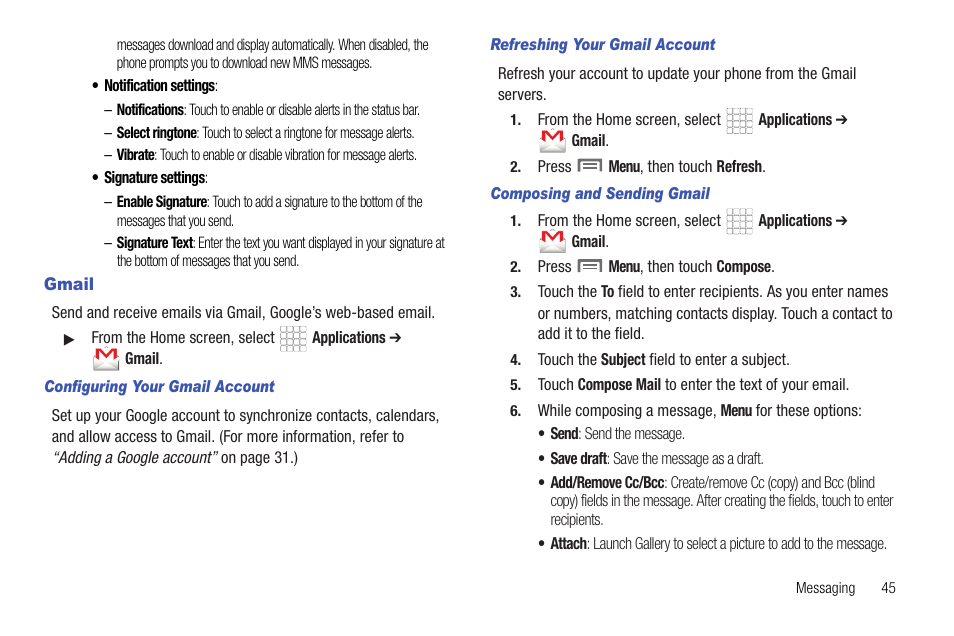 Gmail, Configuring your gmail account, Refreshing your gmail account | Composing and sending gmail | Samsung SCH-R720ZRACRI User Manual | Page 49 / 136