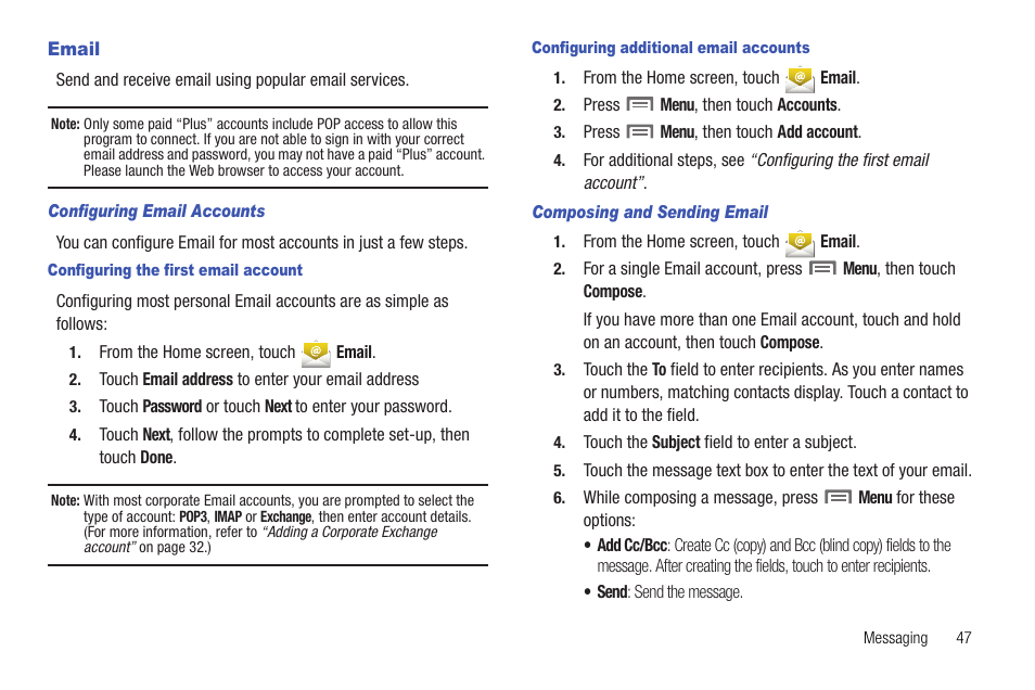 Email, Configuring email accounts, Configuring the first email account | Configuring additional email accounts, Composing and sending email | Samsung SCH-R720ZRACRI User Manual | Page 51 / 136