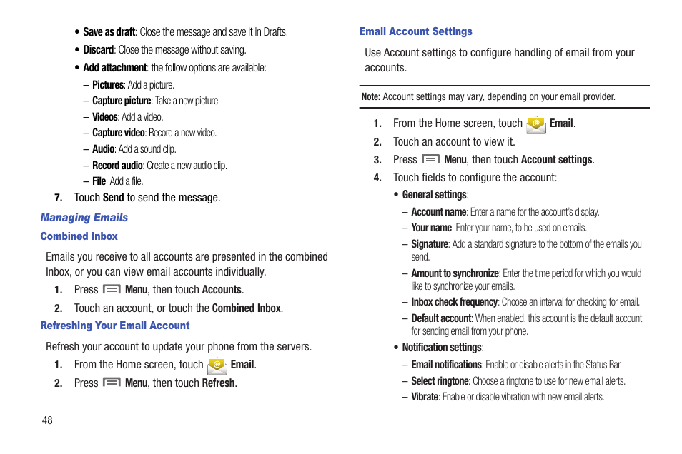 Managing emails, Combined inbox, Refreshing your email account | Email account settings | Samsung SCH-R720ZRACRI User Manual | Page 52 / 136