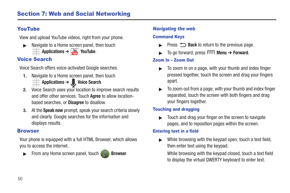 Section 7: web and social networking, Youtube, Voice search | Browser, Navigating the web, Command keys, Zoom in – zoom out, Touching and dragging, Entering text in a field, Youtube voice search browser | Samsung SCH-R720ZRACRI User Manual | Page 54 / 136