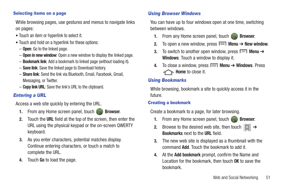 Entering a url, Using browser windows, Using bookmarks | Creating a bookmark | Samsung SCH-R720ZRACRI User Manual | Page 55 / 136