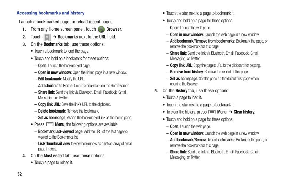 Accessing bookmarks and history | Samsung SCH-R720ZRACRI User Manual | Page 56 / 136