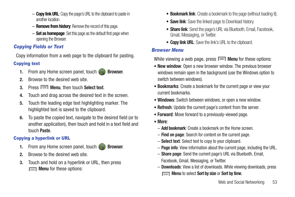 Copying fields or text, Copying text, Copying a hyperlink or url | Browser menu | Samsung SCH-R720ZRACRI User Manual | Page 57 / 136