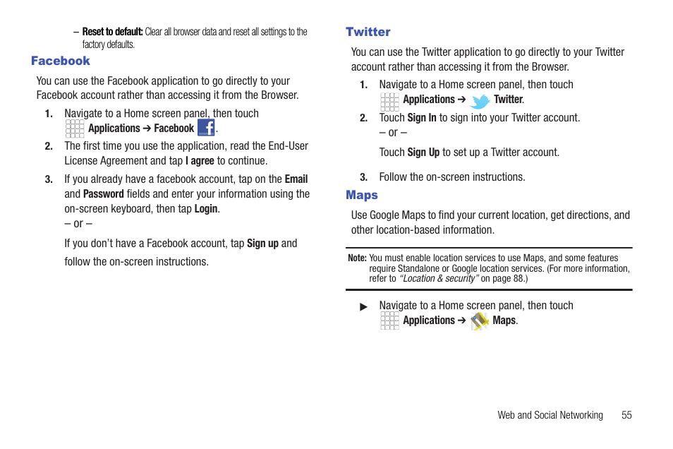 Facebook, Twitter, Maps | Facebook twitter maps | Samsung SCH-R720ZRACRI User Manual | Page 59 / 136