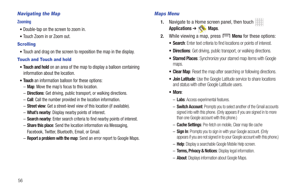 Navigating the map, Zooming, Scrolling | Touch and touch and hold, Maps menu | Samsung SCH-R720ZRACRI User Manual | Page 60 / 136