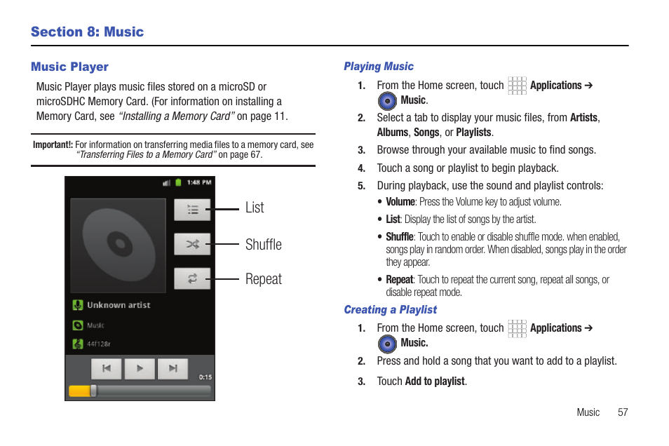 Section 8: music, Music player, Playing music | Creating a playlist, List repeat shuffle | Samsung SCH-R720ZRACRI User Manual | Page 61 / 136