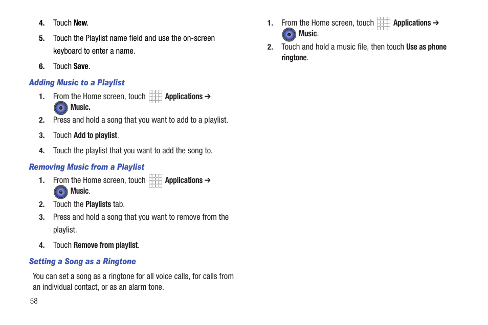 Adding music to a playlist, Removing music from a playlist, Setting a song as a ringtone | Samsung SCH-R720ZRACRI User Manual | Page 62 / 136
